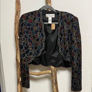 Niteline Vintage 80s Beaded Mosaic Stained Glass Bolero Shrug Medium Multicolor